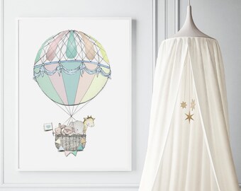 Extra Large Kids print, UNFRAMED Big childrens poster, Hot Air Balloon, Baby bedroom, Unisex Nursery Print, Illustration, painting