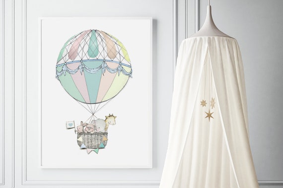 Extra Large Kids print, UNFRAMED Big childrens poster, Hot Air Balloon, Baby bedroom, Unisex Nursery Print, Illustration, painting