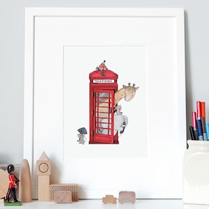 British Telephone, UNFRAMED Iconic Nursery Art, Fine Art Print, for Children's room, Red Phone Box, London Theme, Nursery wall art