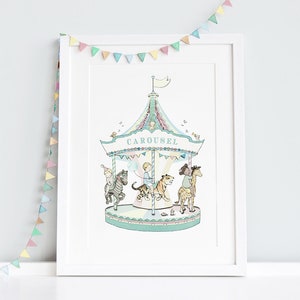 May include: A colourful illustration of a carousel with a blue, white and pink canopy. The carousel has a tiger, zebra, giraffe, and a child riding on it. The text "CAROUSEL" is written on the canopy.