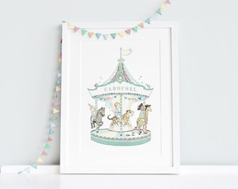 Carousel Art, UNFRAMED Fun Fair Picture, Circus Animal, Children's Print, Unisex, Circus Theme, Room decor. We can add a Name and date!