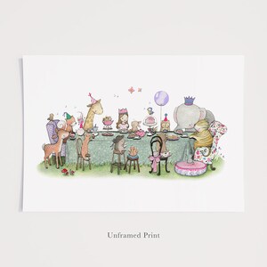 May include: A watercolour illustration of a tea party with a giraffe, deer, cat, elephant, and a little girl wearing a crown. The animals are sitting at a table with teacups, cakes, and other treats. There is a purple balloon floating in the air.