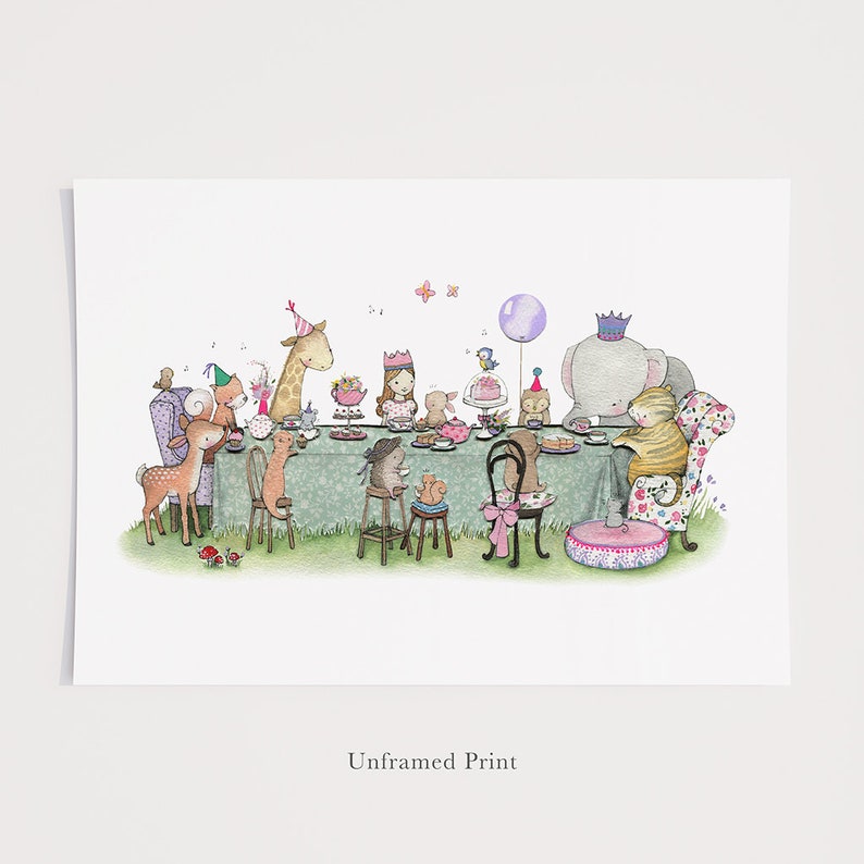 May include: A watercolour illustration of a tea party with a giraffe, deer, cat, elephant, and a little girl wearing a crown. The animals are sitting at a table with teacups, cakes, and other treats. There is a purple balloon floating in the air.