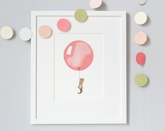 UNFRAMED Nursery Art, Coral Balloon, Modern Illustration, Watercolour Print, Children's wall art, New Baby Gift, Picture for baby