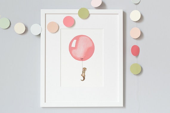UNFRAMED Nursery Art, Coral Balloon, Modern Illustration, Watercolour Print, Children's wall art, New Baby Gift, Picture for baby