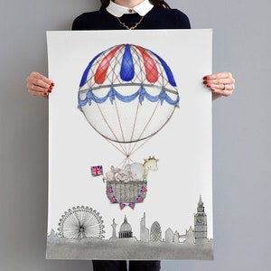 Extra Large Kids print, UNFRAMED Big childrens poster, LONDON Balloon Journey, Chambre de bébé, Boys Nursery Print, Illustration, peinture image 3