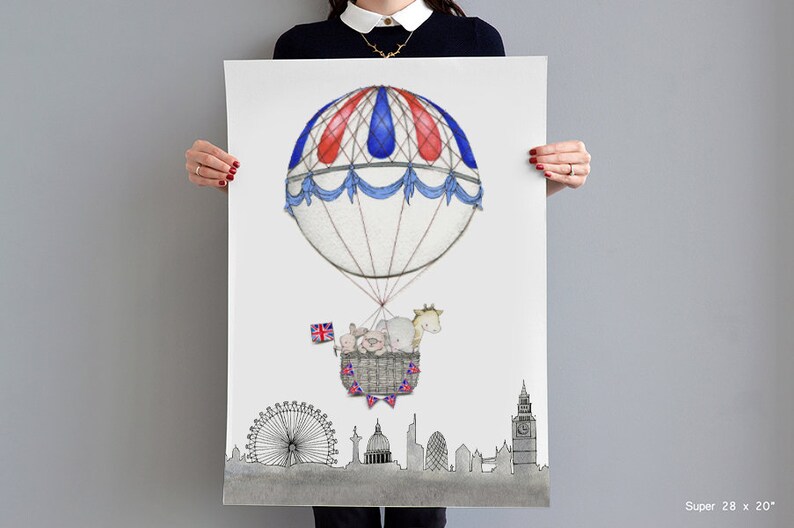 Extra Large Kids print, UNFRAMED Big childrens poster, LONDON Balloon Journey, Chambre de bébé, Boys Nursery Print, Illustration, peinture image 3