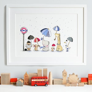 Zoo Commuters, UNFRAMED Nursery Print, Kid&#39;s Nursery Art, London, Boy&#39;s Nursery, Picture, Painting, Wall Art Print, British Theme