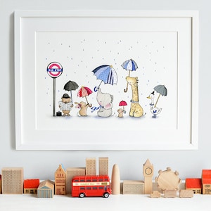 Zoo Commuters, UNFRAMED Nursery Print, Kid's Nursery Art, London, Boy's Nursery, Picture, Painting, Wall Art Print, British Theme