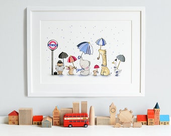 Zoo Commuters, UNFRAMED Nursery Print, Kid's Nursery Art, London, Boy's Nursery, Picture, Painting, Wall Art Print, British Theme