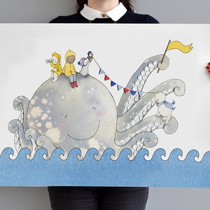 Lámina infantil grande, SIN MARCO Lámina infantil grande, Póster infantil, Lámina infantil, Habitación de bebé, Ilustración de pulpo, Arte con temática náutica