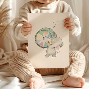 May include: A watercolor illustration of a gray elephant playing a colorful drum with a drumstick. The drum has a rainbow design with musical notes.