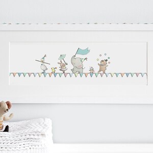 May include: A framed illustration of a parade of animals with a colourful banner. A goose, a rabbit, an elephant, a mouse, and a bear are all wearing party hats and walking in a line. The elephant is holding a blue flag and the bear is juggling balls.