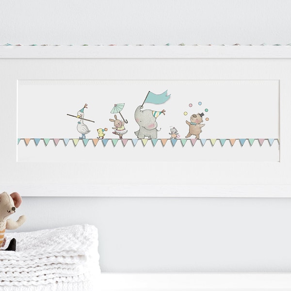 FRAMED Nursery Art, Tight Rope Friends, Circus Animals, Balancing Act, Circus Theme, Minimal modern, Kid's Art, Name & date can be added!