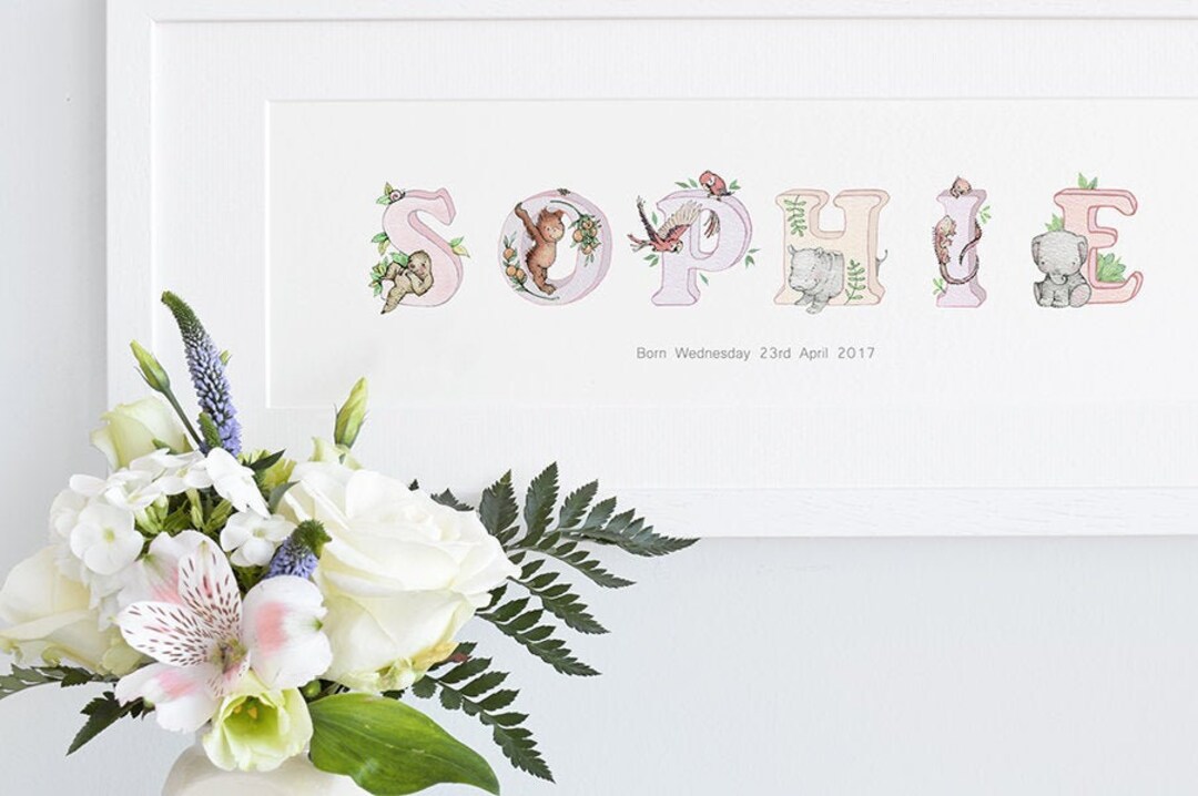 FRAMED Name Art, Personalised Print, Jungle Animal, Girl's Nursery