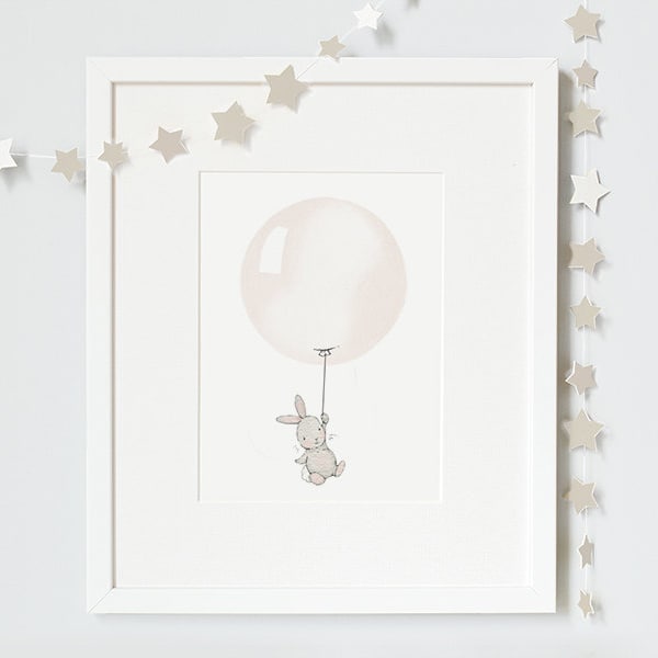 Cotton , UNFRAMED Balloon Print, Bunny Illustration, Gender Neutral, Nursery Art, Baby Boy, Baby Girl, Archival Print, UK Nursery Art