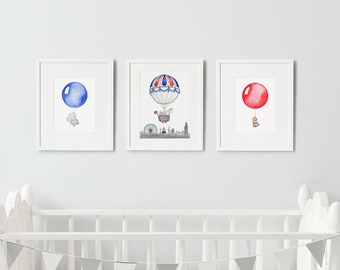 Set of 3 UNFRAMED Nursery Art Prints, British Balloons, Blue, Red, Unisex Bedroom Art, Illustration Prints, London Themed, Elephant