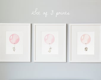 SET of 3 UNFRAMED Balloon Prints, Pastel Pink, Rose Pink, Peach, Rabbit, Mouse, Baby Girl's Nursery, Whimsical Art Prints, Girls Bedroom Art