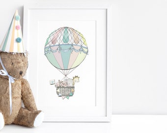 Hot Air Balloon, UNFRAMED Art Print, Bright Colourful, pastel Nursery, Neutral, Unisex Baby Art, Kid's Balloon Picture, Whimsical Wall Art