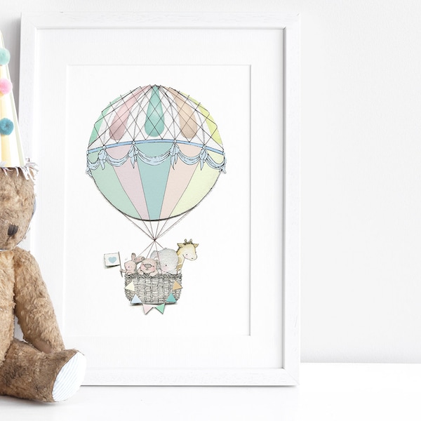 Hot Air Balloon, UNFRAMED Art Print, Bright Colourful, pastel Nursery, Neutral, Unisex Baby Art, Kid's Balloon Picture, Whimsical Wall Art