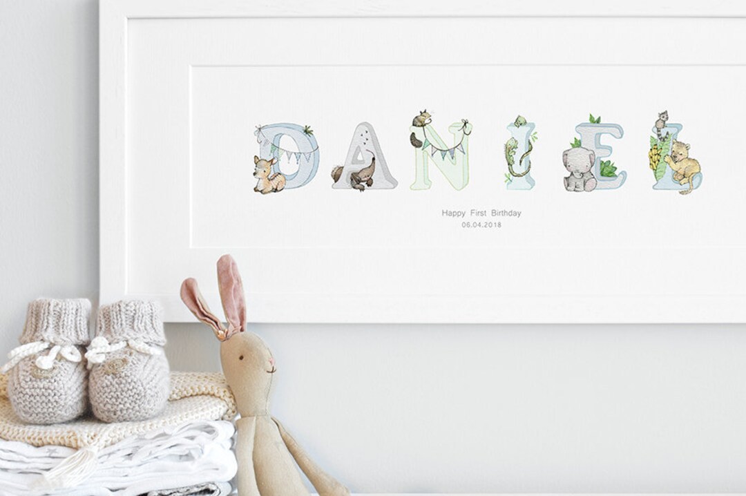 FRAMED Name Art, Personalised Print, Jungle Animal, Boy's Nursery, Blue