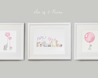 Rose Pink Set, UNFRAMED Nursery Art Prints, Baby Girl, Pale Pink, Bedroom Art, Children's illustration, Pictures for Girl's room, Wall decor