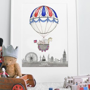 Extra Large Kids print, UNFRAMED Big childrens poster, LONDON Balloon Journey, Chambre de bébé, Boys Nursery Print, Illustration, peinture image 2