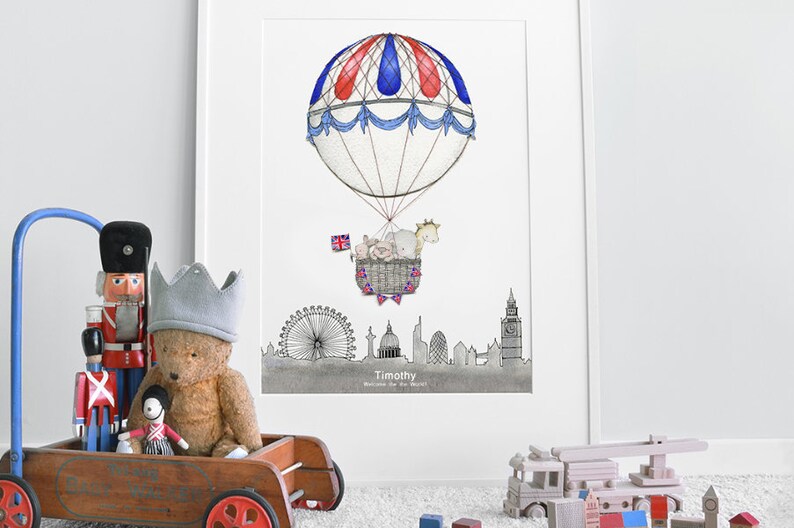 Extra Large Kids print, UNFRAMED Big childrens poster, LONDON Balloon Journey, Chambre de bébé, Boys Nursery Print, Illustration, peinture image 2