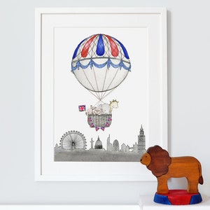 London Balloon Journey, UNFRAMED Art Print, British Nursery, Neutral, Unisex Baby Art, Kid's Balloon Picture, Whimsical Wall Art