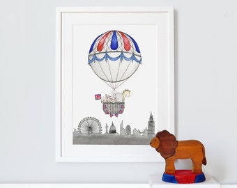 London Balloon Journey, UNFRAMED Art Print, British Nursery, Neutral, Unisex Baby Art, Kid's Balloon Picture, Whimsical Wall Art