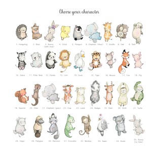 Peut inclure: Un tableau illustrant 35 personnages d'animaux, chacun avec un num&eacute;ro et un nom. Les animaux sont dessin&eacute;s dans un style cartoon avec des couleurs ressemblant &agrave; de l'aquarelle. Le tableau est un guide pour choisir un personnage.