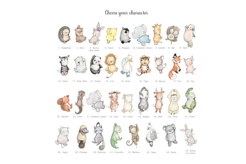 Peut inclure: Un tableau illustrant 35 personnages d'animaux, chacun avec un num&eacute;ro et un nom. Les animaux sont dessin&eacute;s dans un style cartoon avec des couleurs ressemblant &agrave; de l'aquarelle. Le tableau est un guide pour choisir un personnage.
