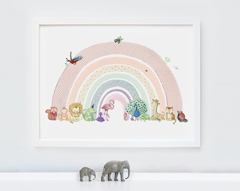 Children's picture, UNFRAMED print, nursery wall art, room decor, kids rainbow picture, bold colours, lockdown baby gift, rainbow baby gift
