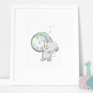 May include: A gray elephant plays a rainbow colored drum with a drumstick. Musical notes float above the elephant's head.