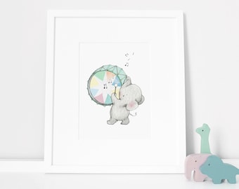 Drumming Elephant, UNFRAMED Children's Art, Bright Color Print, Circus Theme Nursery, Kid's Bedroom Art, Fun Fair, Carnival Picture