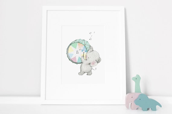 Drumming Elephant, UNFRAMED Children's Art, Bright Color Print, Circus Theme Nursery, Kid's Bedroom Art, Fun Fair, Carnival Picture
