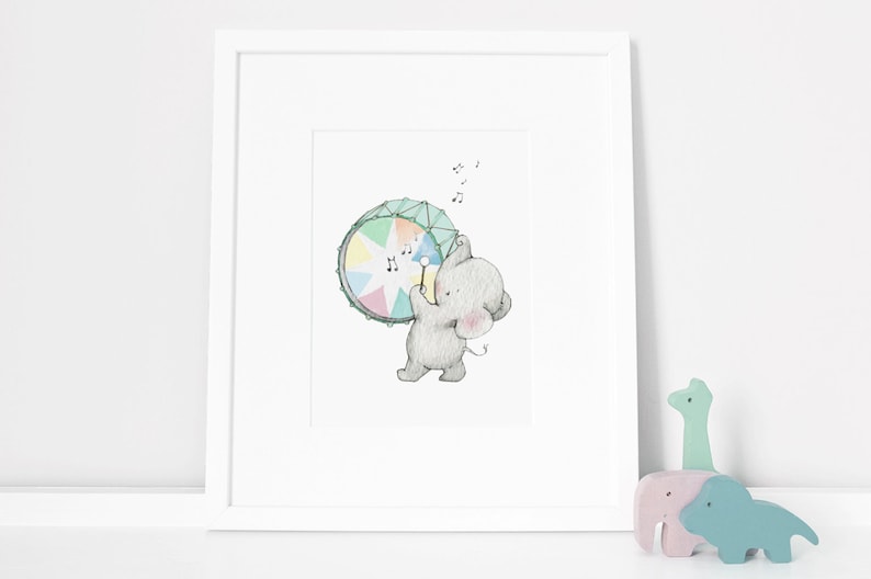 May include: A gray elephant plays a rainbow colored drum with a drumstick. Musical notes float above the elephant's head.