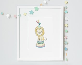 May include: A framed watercolour print of a lion wearing a party hat and sitting on a circus-style platform. The artwork is in a white frame, and pastel star garlands decorate the wall. The lion is light yellow with a light brown mane.