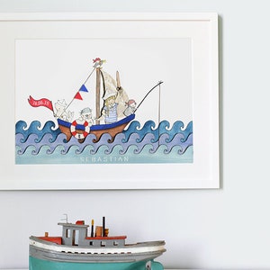 Boat at Sea, UNFRAMED Nursery Art Print, Personalised Kid's Picture, Children's Nautical room Decor, Ocean Illustration, Watercolour Print. image 2