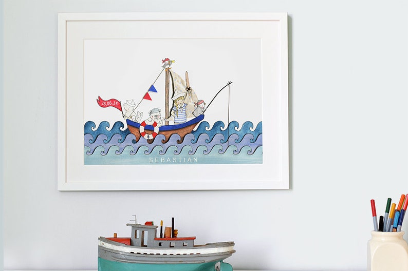 Boat at Sea, UNFRAMED Nursery Art Print, Personalised Kid's Picture, Children's Nautical room Decor, Ocean Illustration, Watercolour Print. image 2