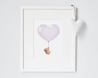 Lavender Heart Shape Balloon, UNFRAMED 12x10" Print, Girl's Pastel Nursery, Children's Art, Kid's Wall Decor, Whimsical, Archival Print