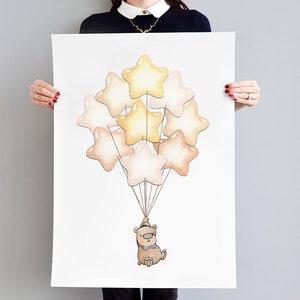 Lámina infantil extragrande, póster infantil grande sin marco, ramo de globos de estrellas, dormitorio de bebé, lámina unisex para guardería, ilustración, pintura