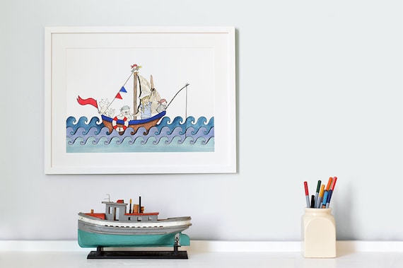 Bateau en mer, impression d'art pour chambre d'enfant sans cadre