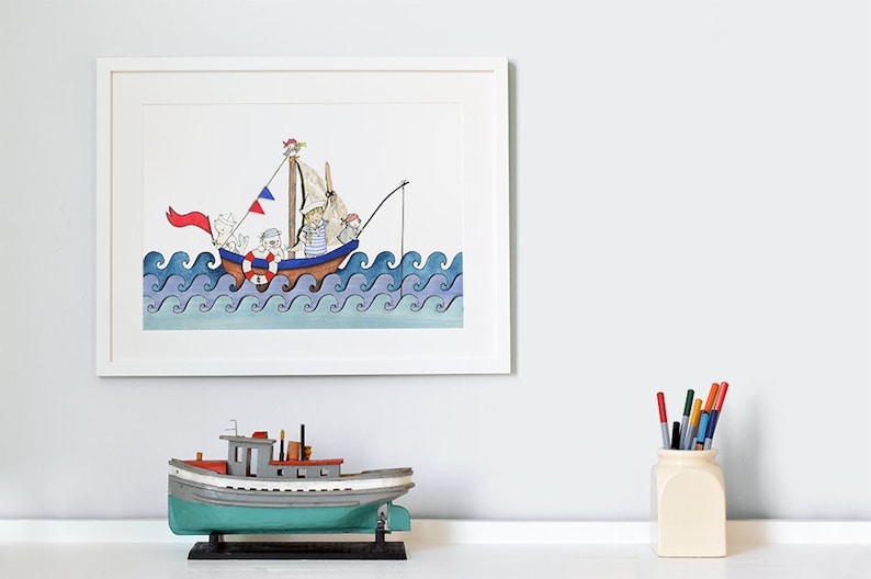 Boat at Sea, UNFRAMED Nursery Art Print, Personalised Kid's Picture, Children's Nautical room Decor, Ocean Illustration, Watercolour Print. image 1