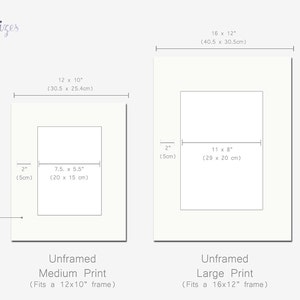 May include: Diagram showing print sizes for unframed prints. The medium print is 7.5 x 5.5 inches (20 x 15 cm) and fits a 12 x 10 inch frame. The large print is 11 x 8 inches (29 x 20 cm) and fits a 16 x 12 inch frame.