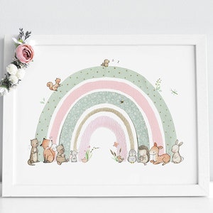 Childrens picture, UNFRAMED, nursery wall art, girl's room decor, pink rainbow picture, pink and mint, lockdown baby gift, rainbow baby gift image 1