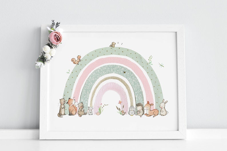 Childrens picture, UNFRAMED, nursery wall art, girl's room decor, pink rainbow picture, pink and mint, lockdown baby gift, rainbow baby gift image 1