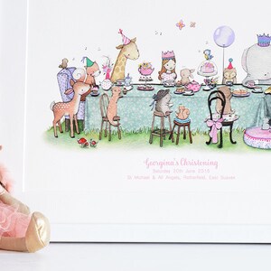 May include: A watercolour illustration of a christening party with a variety of animals, including a giraffe, a deer, a rabbit, a cat, a squirrel, a hedgehog, and an elephant. The animals are gathered around a table with a cake and teacups. The text "Georgina's Christening" is written below the illustration.