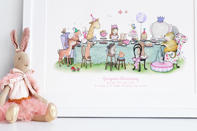 May include: A watercolour illustration of a christening party with a variety of animals, including a giraffe, a deer, a rabbit, a cat, a squirrel, a hedgehog, and an elephant. The animals are gathered around a table with a cake and teacups. The text "Georgina's Christening" is written below the illustration.