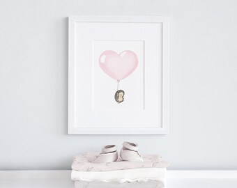 Blush Pink Heart Balloon, UNFRAMED 16x12" Print, Girl's Nursery, Children's Art, Kid's Wall Art, Bedroom Decor, Whimsical, Archival Print